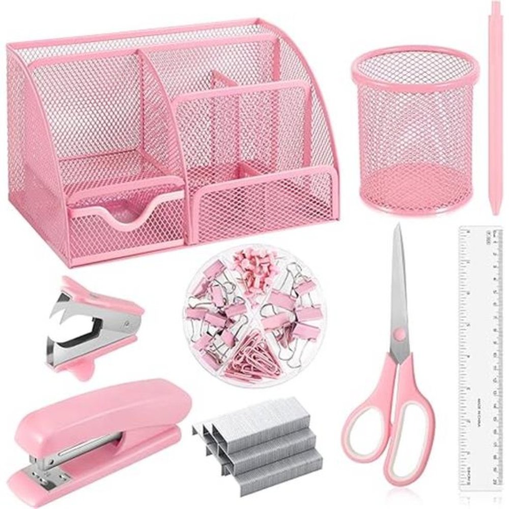 9 in 1 Pink Desk Organizers and Accessories Set, Pink Gifts Mesh Desk Organizer